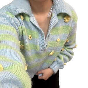 Zara Pastel Blue & Lime Striped Sweater with Yellow Floral Details